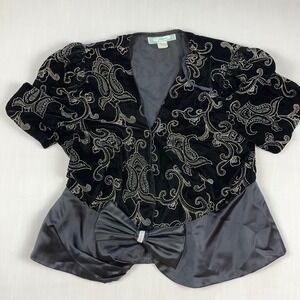 Filigree Vintage Black Velvet Paisley Embroidered Peplum Bow Jacket Size 16.5